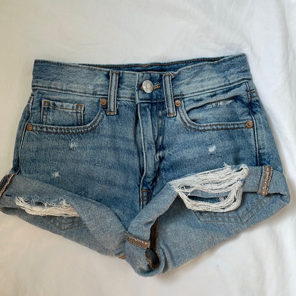 Medium wash high rise mom shorts